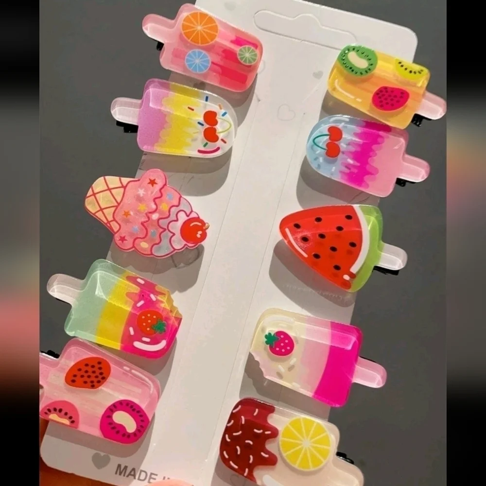 10 piece hair clip accessory girls cute fun watermelon popsicles jewelry pink